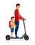Schoolchildren riding scooter flat vector illustration. Schoolboy with younger brother cartoon characters on white background.