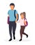 Schoolchildren, schoolkids walking flat illustration. Older brother with younger sister holding hands with backpacks cartoon