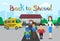 Schoolchildren Teacher Over Schoolbus School Building Background Education Banner