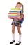 Schoolgirl with backpack holding books.