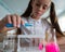 A schoolgirl conducts experiments in a chemistry lesson. Girl pouring colored liquids from a beaker.