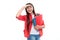 Schoolgirl with copy book posing on isolated background. Literature lesson, grammar school. Intellectual child reader