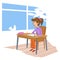 Schoolgirl at desk flat vector illustration