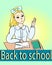 Schoolgirl with desk and words `Back to school`