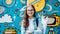 Schoolgirl with eyeglasses holding sketches against colorful mural