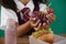 Schoolgirl having grape fruit