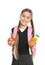 Schoolgirl with healthy food and backpack