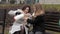 Schoolgirl with her handicapped mother drinking tea outside