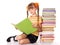 Schoolgirl holding pile of books.