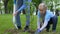 Schoolgirl and male volunteers planting bush in park, environmental preservation