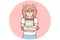 Schoolgirl with pigtails stands clutching books to chest and looking at camera. Vector image