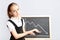Schoolgirl pointing to line graph