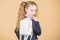 Schoolgirl ponytails hairstyle with small backpack. Carrying things in backpack. Learn how fit backpack correctly. Girl