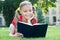 Schoolgirl read stories while relaxing green lawn. Cute pupil enjoy reading. School time. Interesting stories for kids