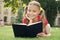 Schoolgirl read stories while relaxing green lawn. Cute pupil enjoy reading. School time. Interesting stories for kids