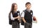 Schoolgirl and schoolboy in a uniform holding books and looking at camera