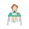 Schoolgirl Sitting Behind The Desk In School Class Resting Her Head On Her Hands Illustration, Part Of Scholars Studying