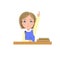 A schoolgirl is sitting at a Desk. The blonde Girl answers the question. Vector illustration on a white isolated