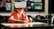 Schoolgirl using virtual reality headset in classroom 4k