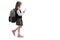 Schoolgirl walking and using a phone and wearing a face mask