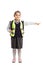 Schoolgirl wearing safety vest standing and pointing