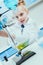 Schoolgirl in white coat making experiment with reagents in chemical lab