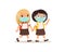 Schoolgirls going to school flat vector illustration. Couple pupils with medical masks on their faces holding hands isolated carto