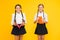 Schoolgirls study together on yellow background. Study language. Cute children study with textbook. Practice and improve