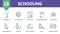 Schooling icon set. Collection contain knowledge mastery, student desk, online reading, chemistry test and over icons. Schooling