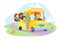 Schoolkids Sitting in Yellow School Bus with Driver Girl at Steering Wheel. Kids with Waving Hands from Schoolbus Window
