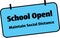 Schools open black and blue sign signaling reopening of businesses after COVID-19 pandemic while children maintaining social dista