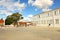 Schoolyard of a public primary school with basketball court in holiday