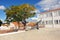 Schoolyard of a spanish public primary school with basketball court in holiday