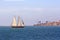 Schooner sails past Point Loma near San Diego, Cal