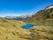 Schwellisee above Arosa. Wonderful autumn panorama in Graubunden. Beautiful mountain lake in the valley