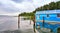 Schwerin lake with blue houseboat in Mecklenburg-Vorpommern