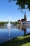 Schwerin, large fountain on the lake pfaffenteich and the Cathedrahle (dome) in the capital city of Mecklenburg-Vorpommern, germ