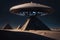 Sci-fi 3D Render of landing alien UFO on Egyptian Pyramids in Desert