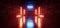 Sci Fi Alien Cyber Dark Stage Hallway Room Corridor Neon Blue Orange Lights On Stands Glossy Concrete Floor Brick Stone Medieval