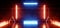 Sci Fi Alien Cyber Dark Stage Podium Hallway Room Corridor Neon Blue Orange Lights On Stands Glossy Concrete Floor Brick Stone