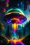 sci fi alien spaceship ufo is landing in the mysterious jungle. Time travel with futuristic spacecraft in magical forest.