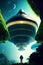 sci fi alien spaceship ufo is landing in the mysterious jungle. Time travel with futuristic spacecraft in magical forest.