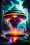 sci fi alien spaceship ufo is landing in the mysterious jungle. Time travel with futuristic spacecraft in magical forest.