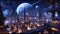 Sci-fi cityscape at night. Futuristic metropolis. AI generated illustration