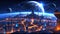 Sci-fi cityscape at night. Futuristic metropolis. AI generated illustration