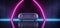 Sci Fi Club Neon Fashion Modern Cyber Glowing Arc Laser Purple Blue Retro Modern Couch Sofa Spaceship Room Hangar Glossy Floor