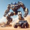 Sci fi combat robot standing with mighty isolated on desert background 8