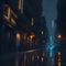 Sci Fi Cyberpunk Steampunk Synthwave Dark Neon Laser Glowing Street Lights Wet Rain Concrete Asphalt Empty Space Midnight