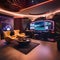 A sci-fi enthusiasts gaming room with futuristic furniture, neon lighting, gaming consoles, and immersive VR setups1