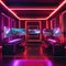 A sci-fi enthusiasts gaming room with futuristic furniture, neon lighting, gaming consoles, and immersive VR setups3